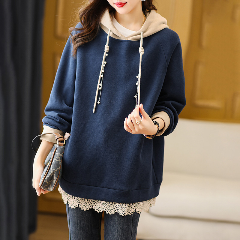 連帽拼色蕾絲下擺設計寬鬆衛衣