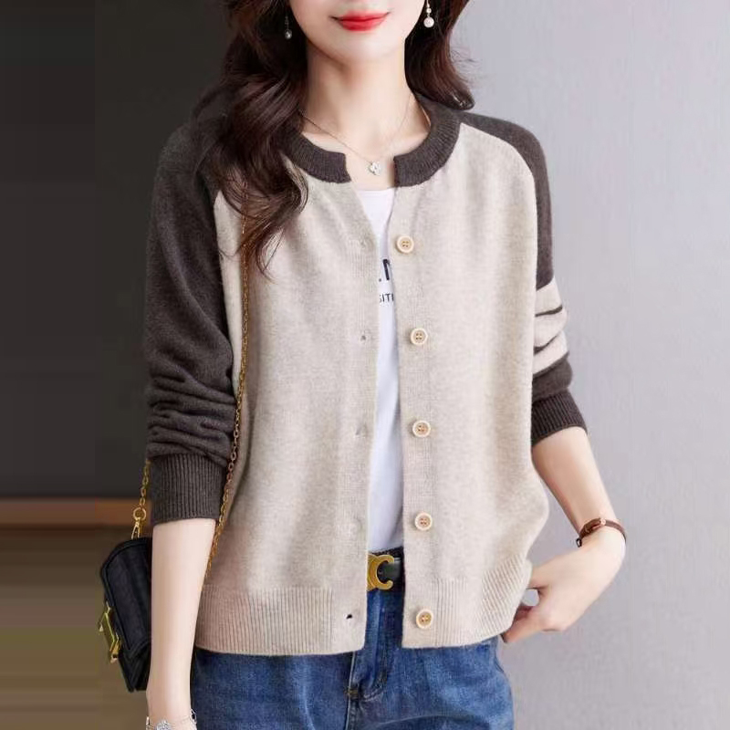 休閒百搭圓領拼色針織開襟衫(4色)