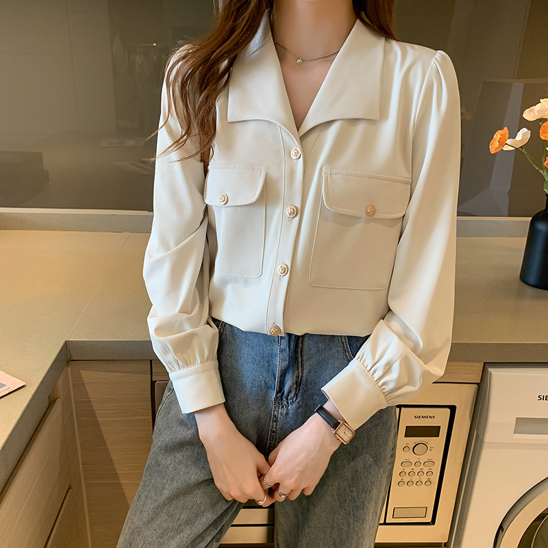 法式方領復古高級感長袖襯衫