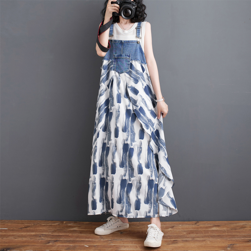 韓系荷葉邊牛仔拼接設計背帶款連身裙（4色）