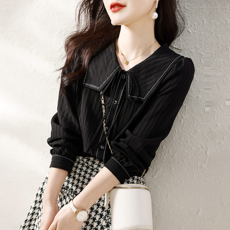 簡約撞色海軍領肌理感長袖襯衫(2色)