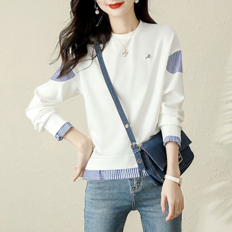 簡約拼接撞色假兩件條紋長袖T恤