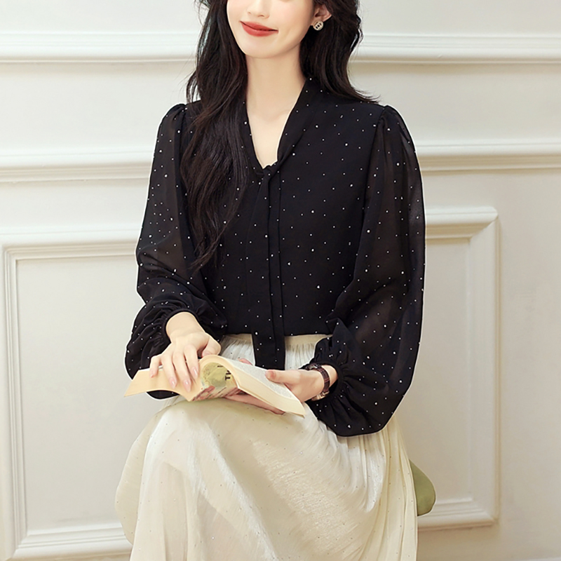 法式復古V領飄帶長袖襯衫