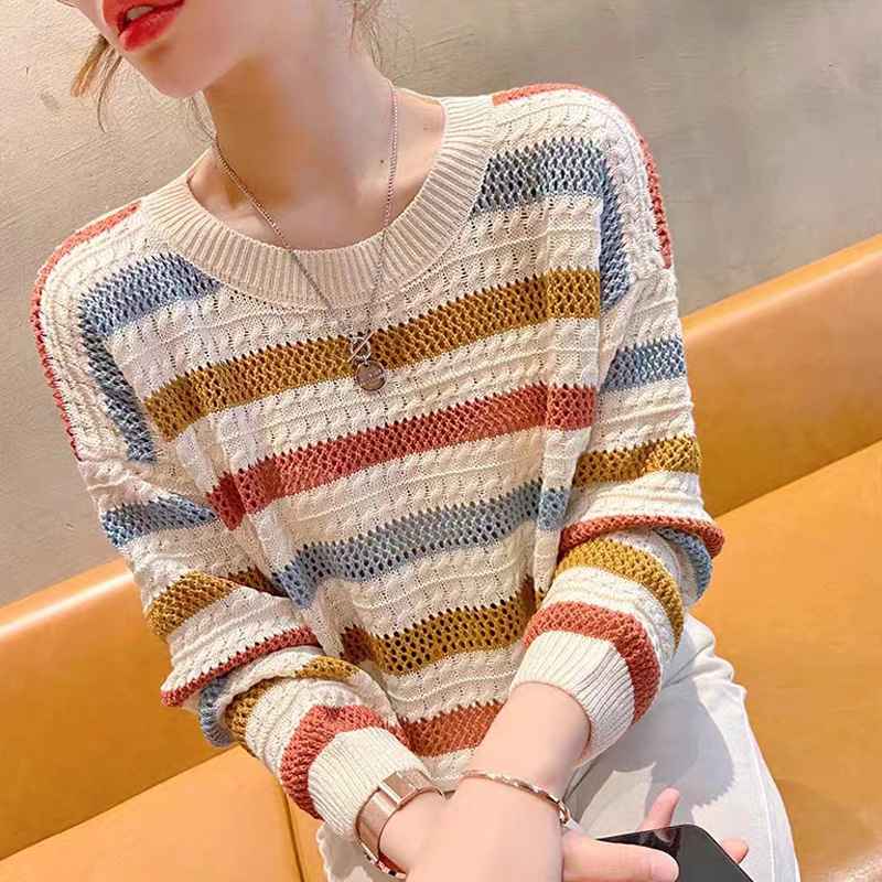 彩虹條紋撞色鏤空針織衫(3色)