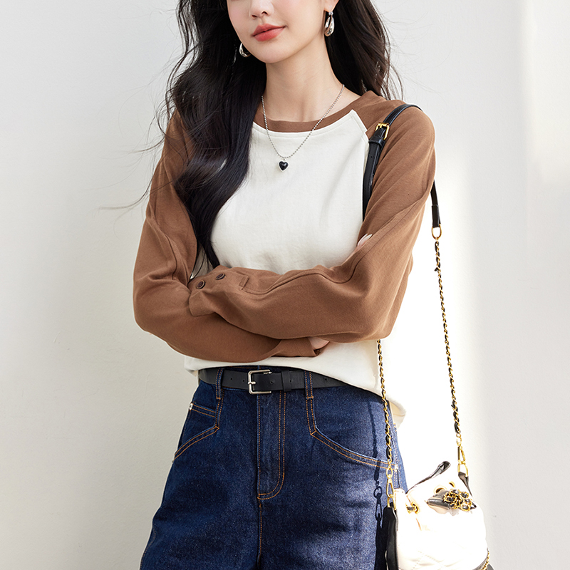 復古圓領撞色插肩長袖T恤