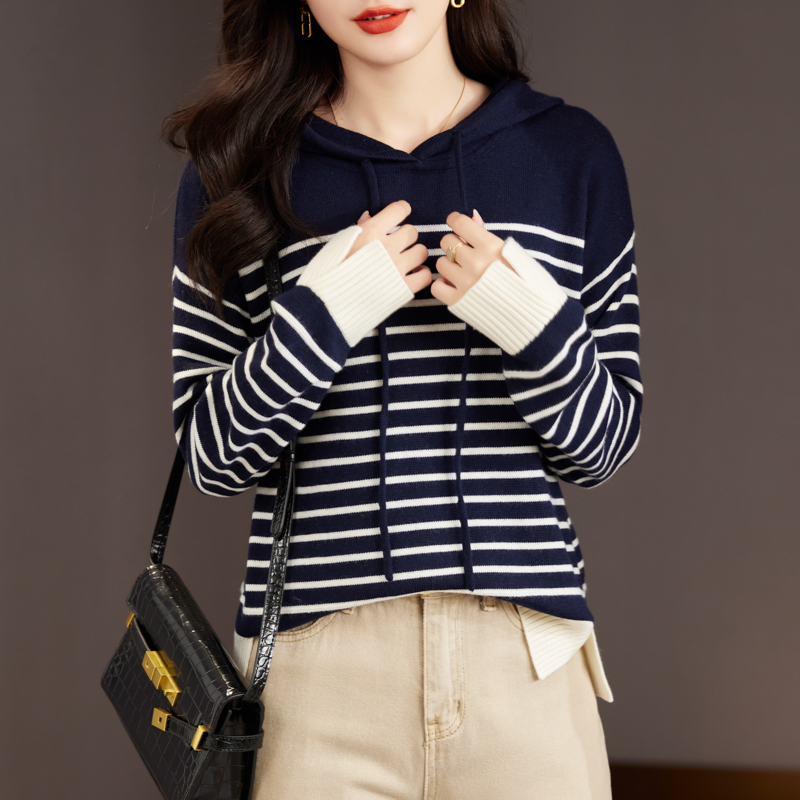 抽繩撞色條紋連帽針織衫(2色)