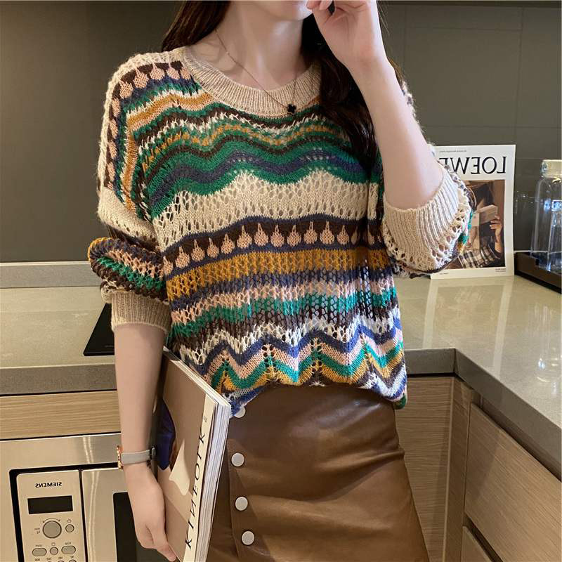 條紋撞擊色鏤空薄版針織衫(2色)