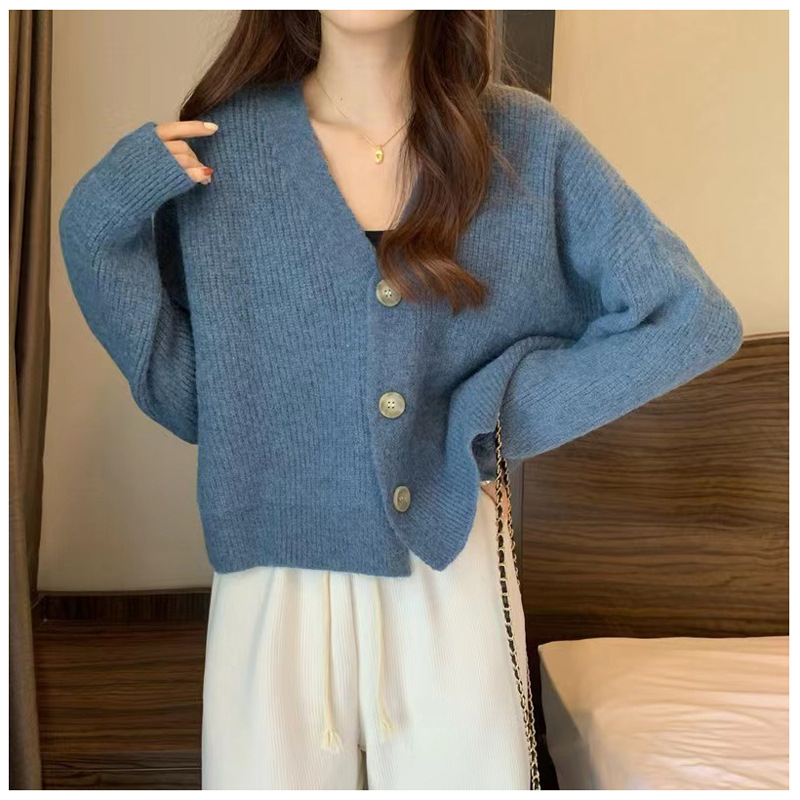 寬鬆V領短版針織開衫(4色)