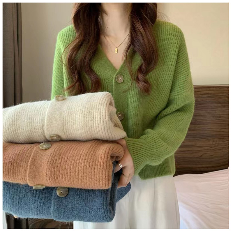 寬鬆V領短版針織開衫(4色)