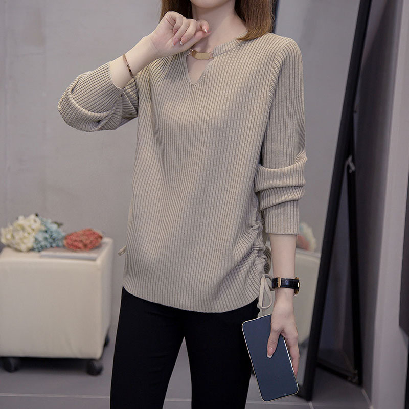 韓系鏤空V領長袖抽繩針織衫(2色)