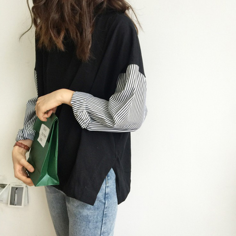 日本樂天爆款寬鬆百搭BF風條紋拼接長袖T恤(3色)