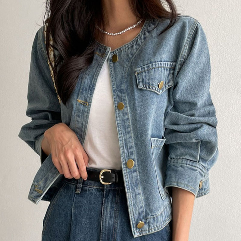 簡約圓領口袋長袖水洗牛仔外套(2色)