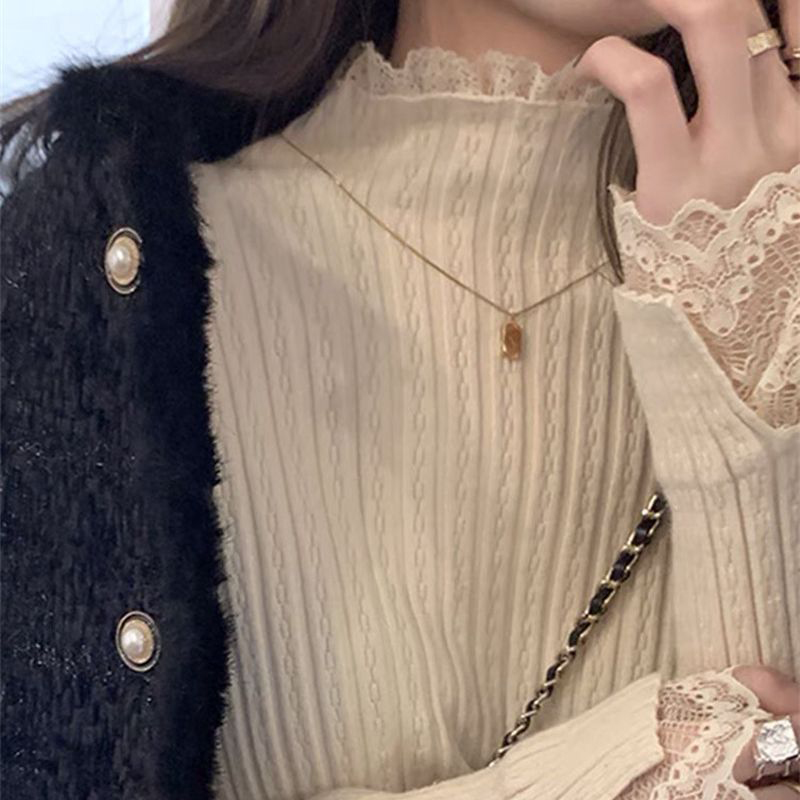 半高領蕾絲花邊拼接針織打底衫(2色)