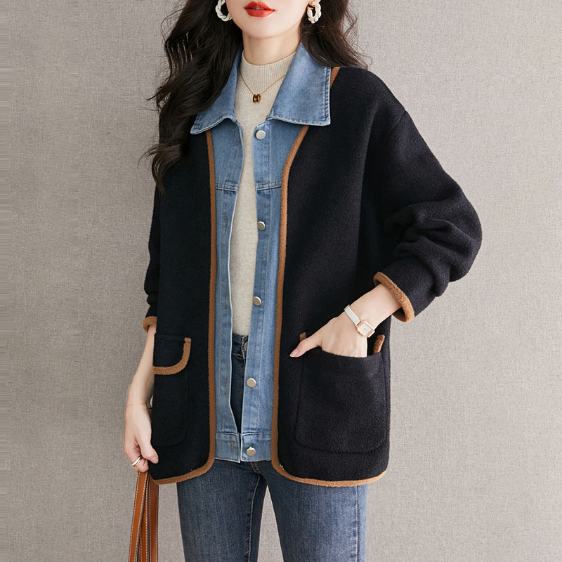 韓系牛仔針織拼接假兩件中長外套