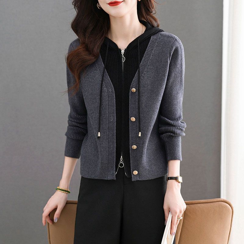 時尚連帽假兩件針織毛衣(3色)