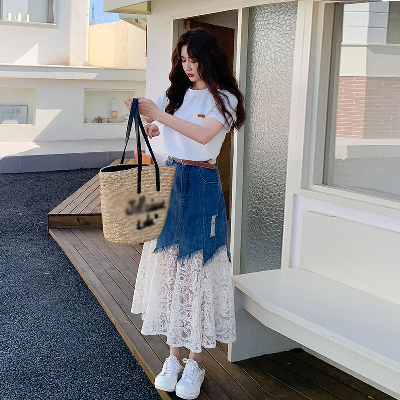 圓領短袖T卹+牛仔拼接蕾絲半身裙套裝