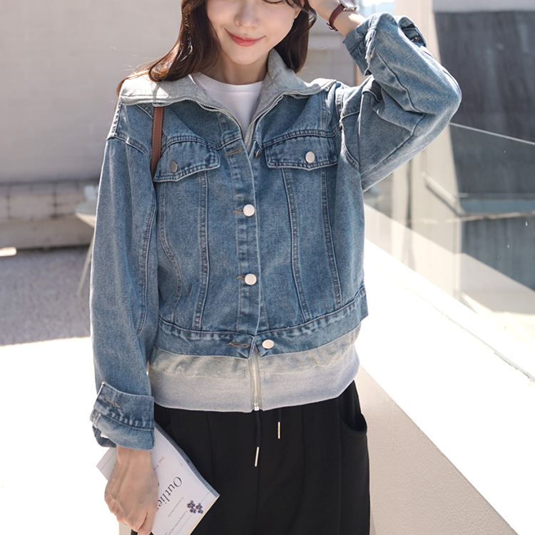 韓國翻領拼色假兩件拉鍊牛仔外套(2色)