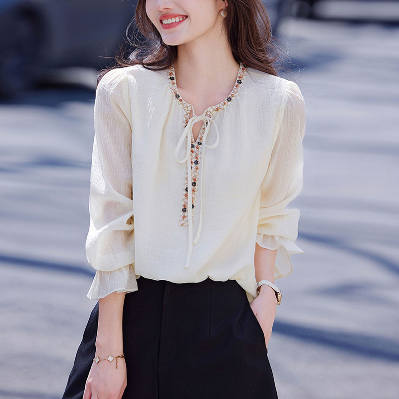 復古文藝風半開領撞色拼接襯衫