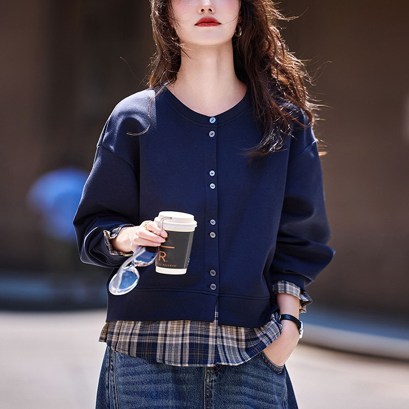 格紋拼接寬鬆簡約拼接下擺衛衣