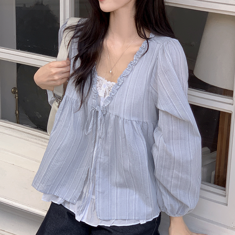 韓系甜美木耳邊條紋上假兩件娃娃衫(2色)