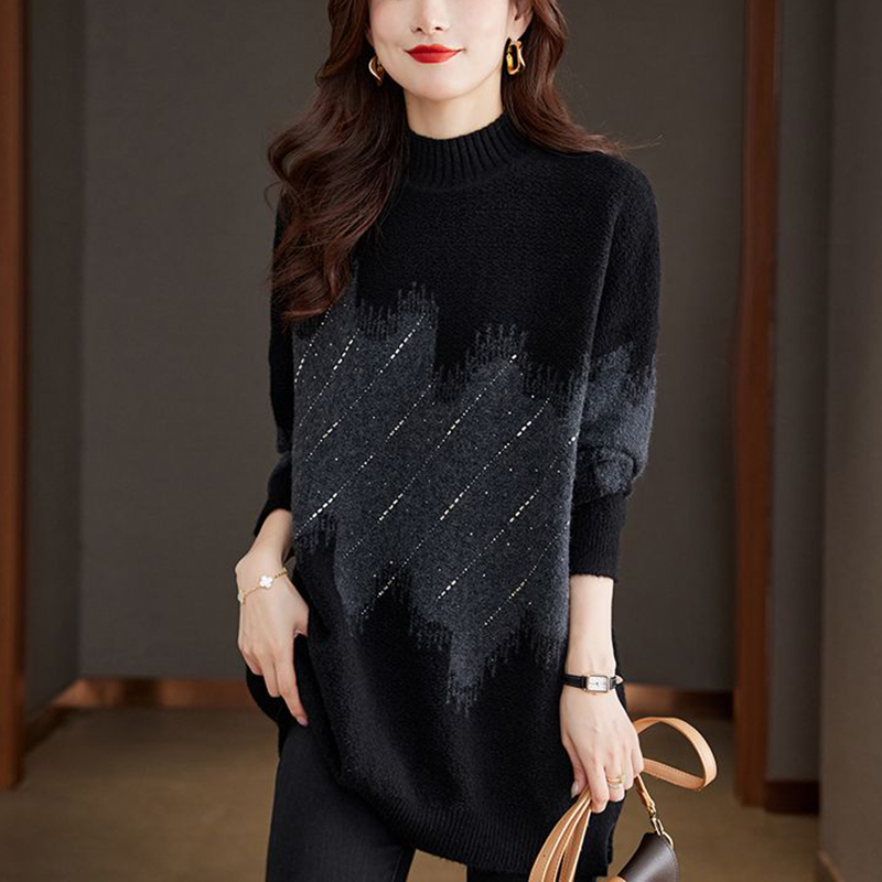 簡約半高領中長針織毛衣