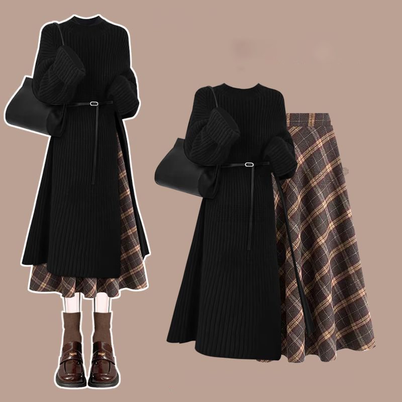 時尚針織毛衣裙+顯瘦半身裙兩件套【贈送皮帶】(4色)