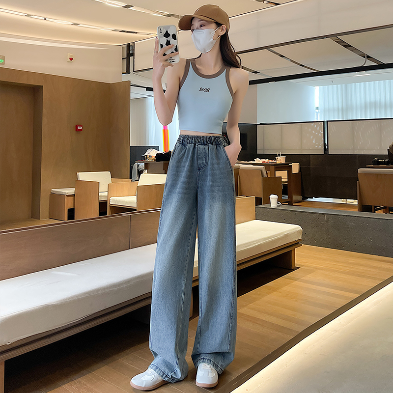 高腰褶皺寬鬆顯瘦牛仔褲