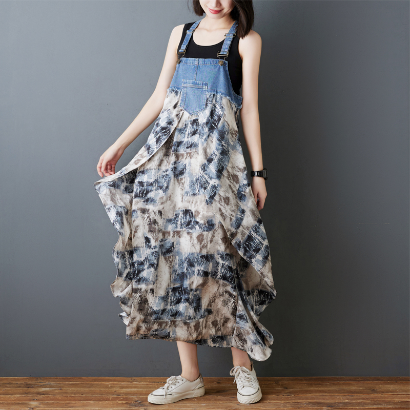 韓系荷葉邊牛仔拼接設計背帶款連身裙（8色）