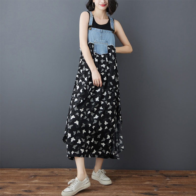 韓系荷葉邊牛仔拼接設計背帶款連身裙（14色）