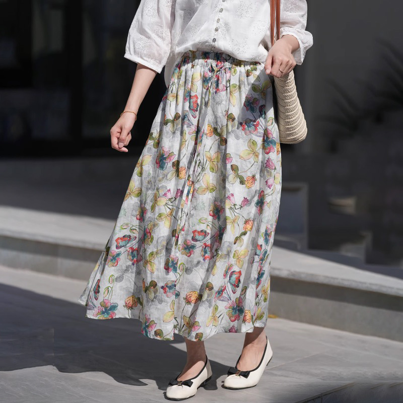 文藝復古棉麻碎花半身裙