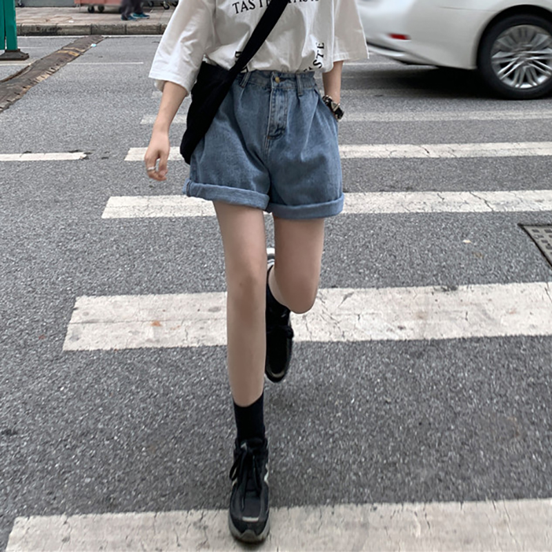 高腰薄款寬鬆闊腿五分牛仔短褲