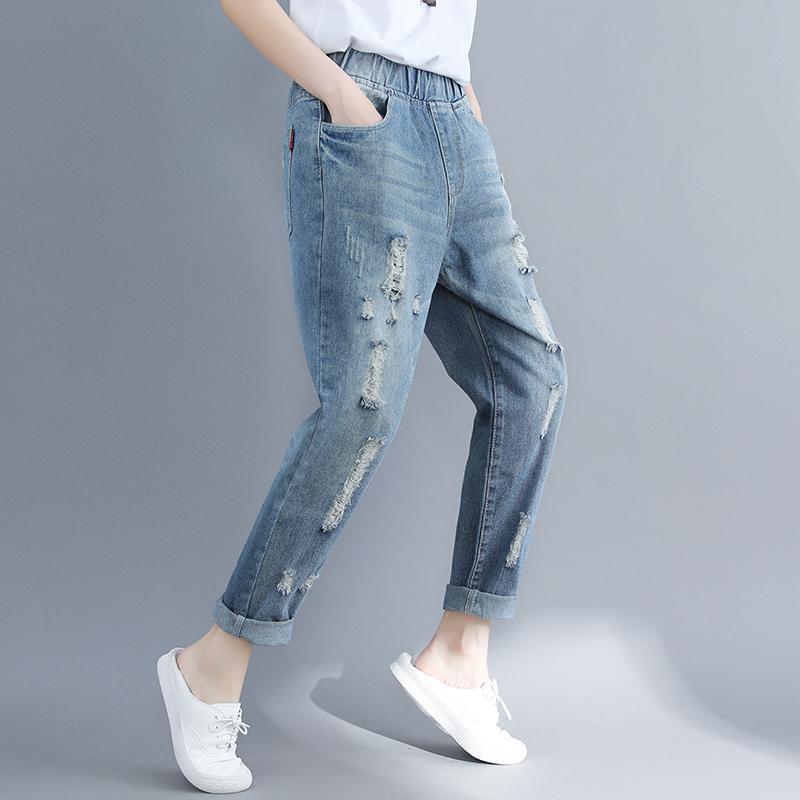 鬆緊腰直筒九分磨破洞牛仔褲