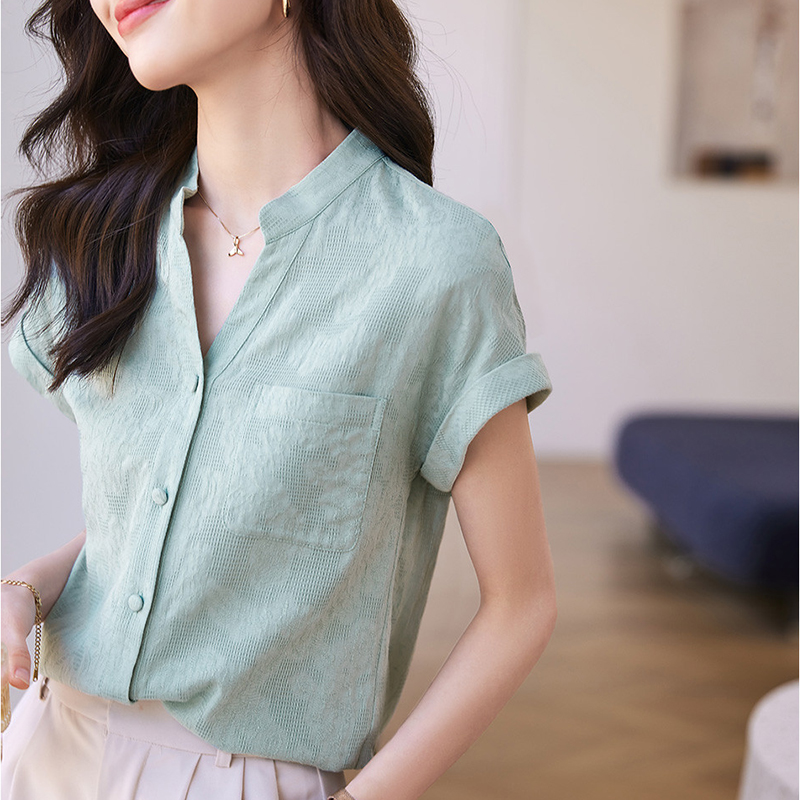 時尚小V領連肩袖襯衫(2色)