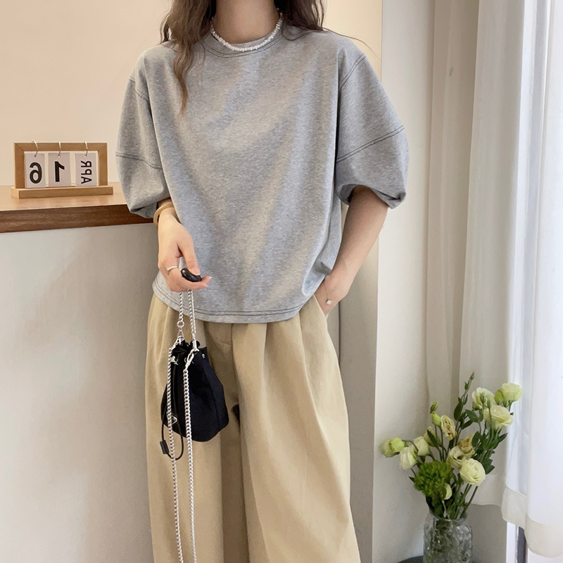 明線壓線設計燈籠袖T恤(2色)