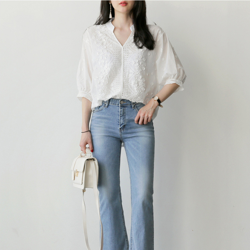 韓系立體小花鏤空設計甜美襯衫