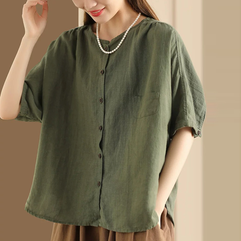 亞麻寬鬆圓領五分袖襯衫(5色)