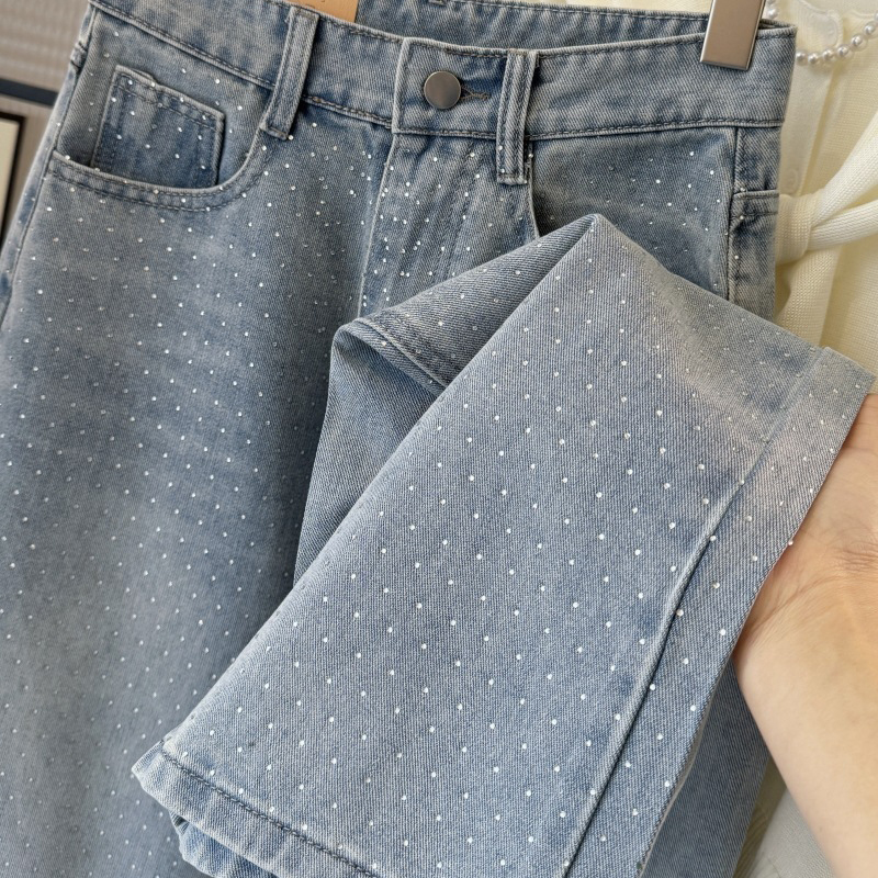 重工燙鑽高腰直筒牛仔褲