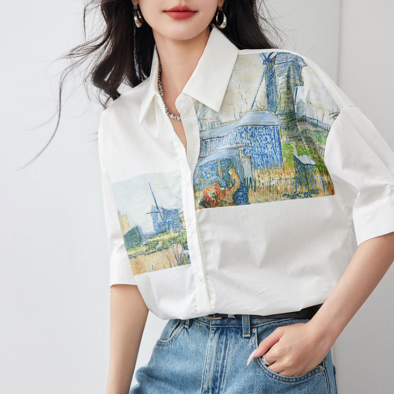 設計感印花短袖襯衫