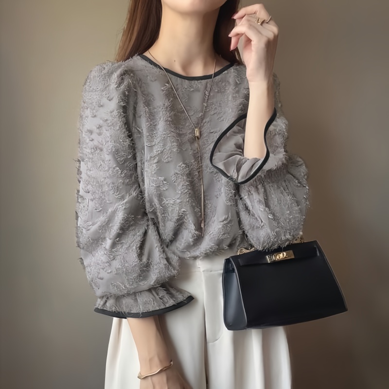 日系小菊花鉤花喇叭袖雪紡衫(3色)