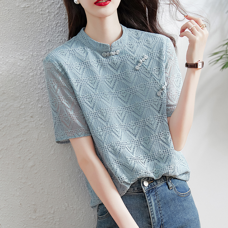 復古蕾絲夠花設計短袖襯衫