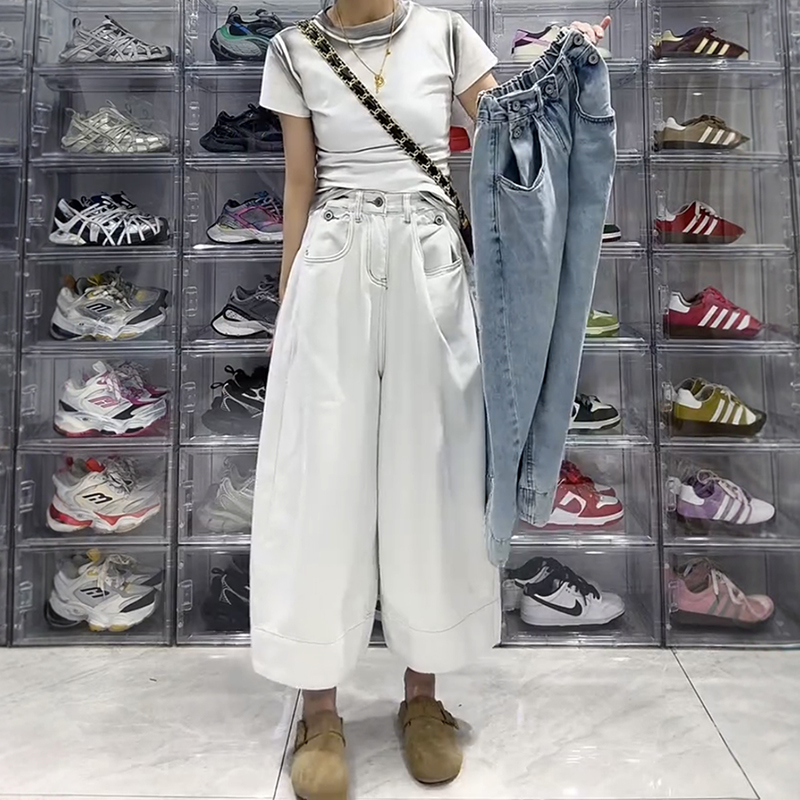 大碼梨形寬鬆百搭闊腿牛仔褲(2色)