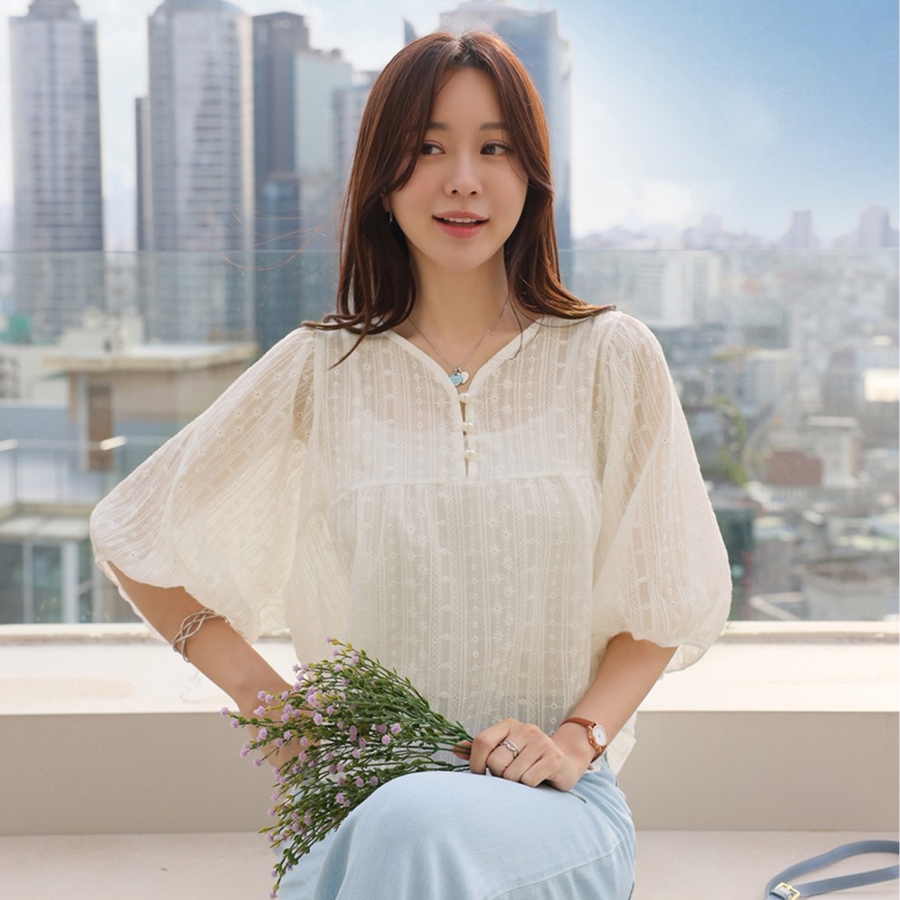 韓系V領燈籠袖寬鬆甜美襯衫+吊帶兩件套