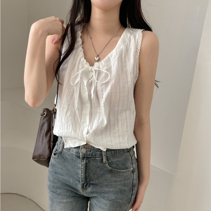 別緻設計感小眾繫帶顯瘦無袖襯衫(2色)