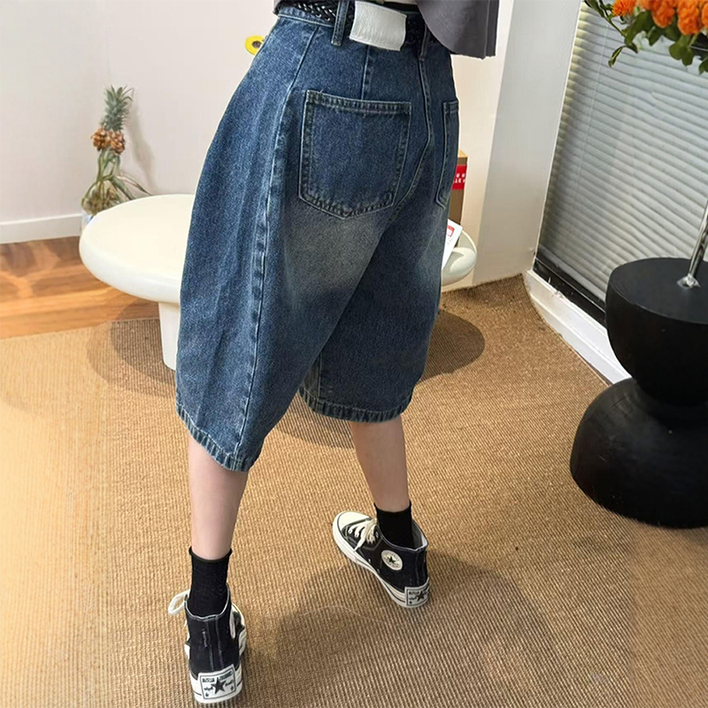 高腰休閒寬鬆五分寬腿牛仔短褲