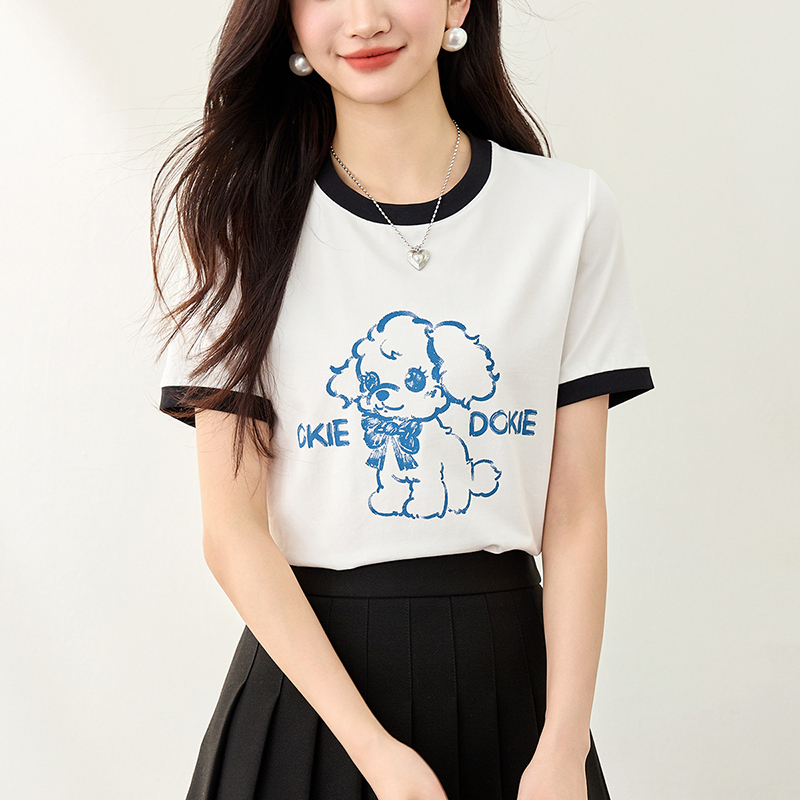 小狗印花撞色設計短袖T恤