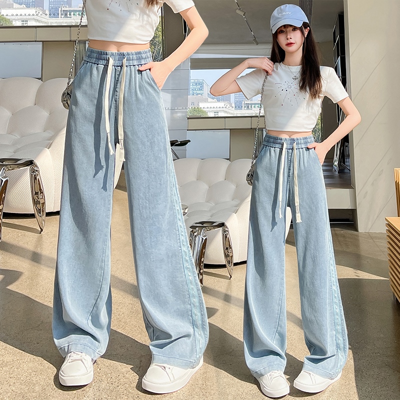 高腰垂感側邊亮片天絲窄版薄款牛仔褲