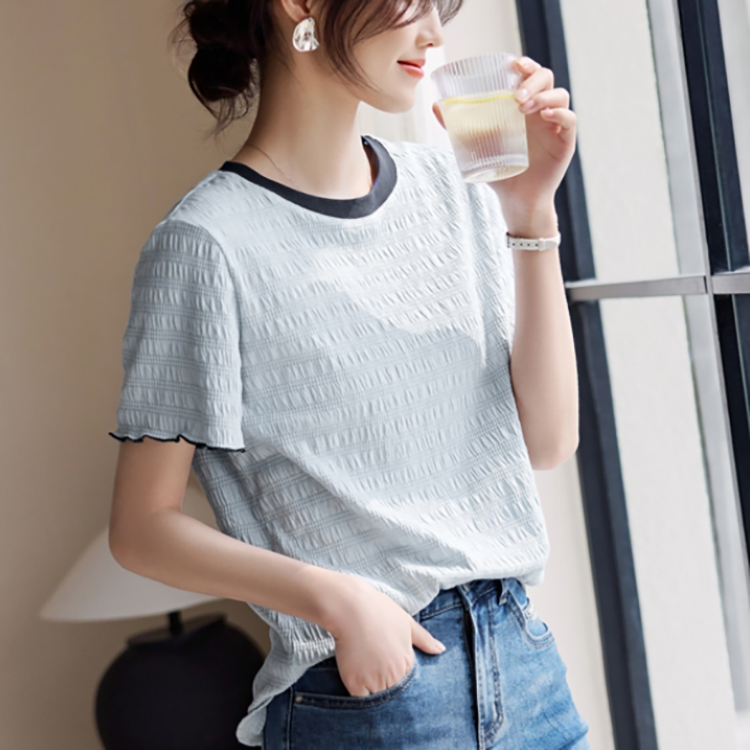 撞色拼接木耳袖邊肌理感T恤(2色)