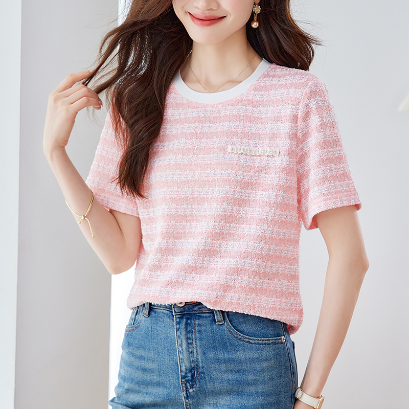 簡約圓領正肩小香風針織短袖T恤(2色)