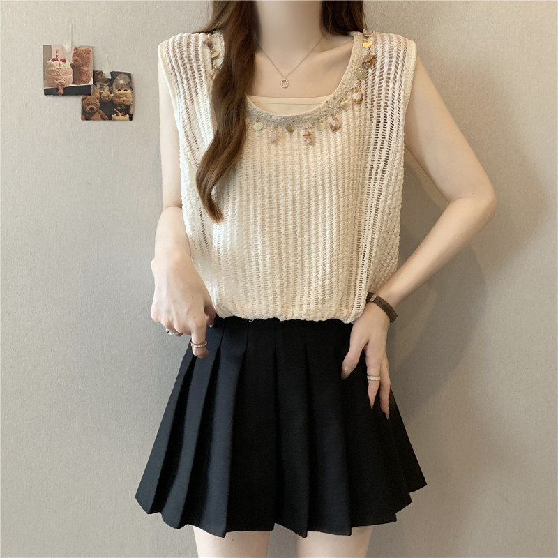 時尚百搭鏤空假兩件無袖坎肩(2色)