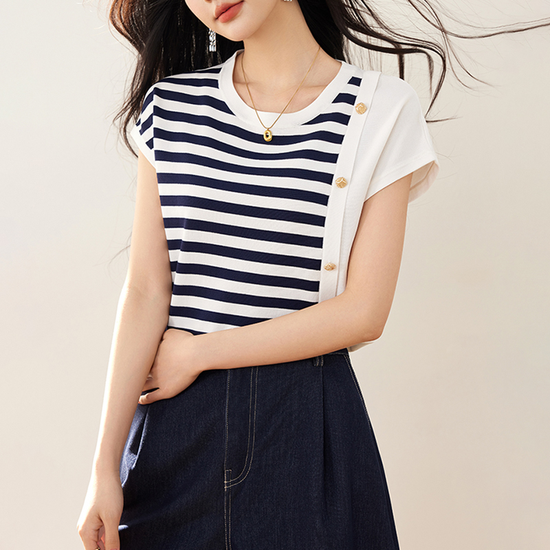 休閒撞色條紋針織短袖T恤
